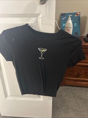 Black Cropped Tee with Martini Glass Embroidery